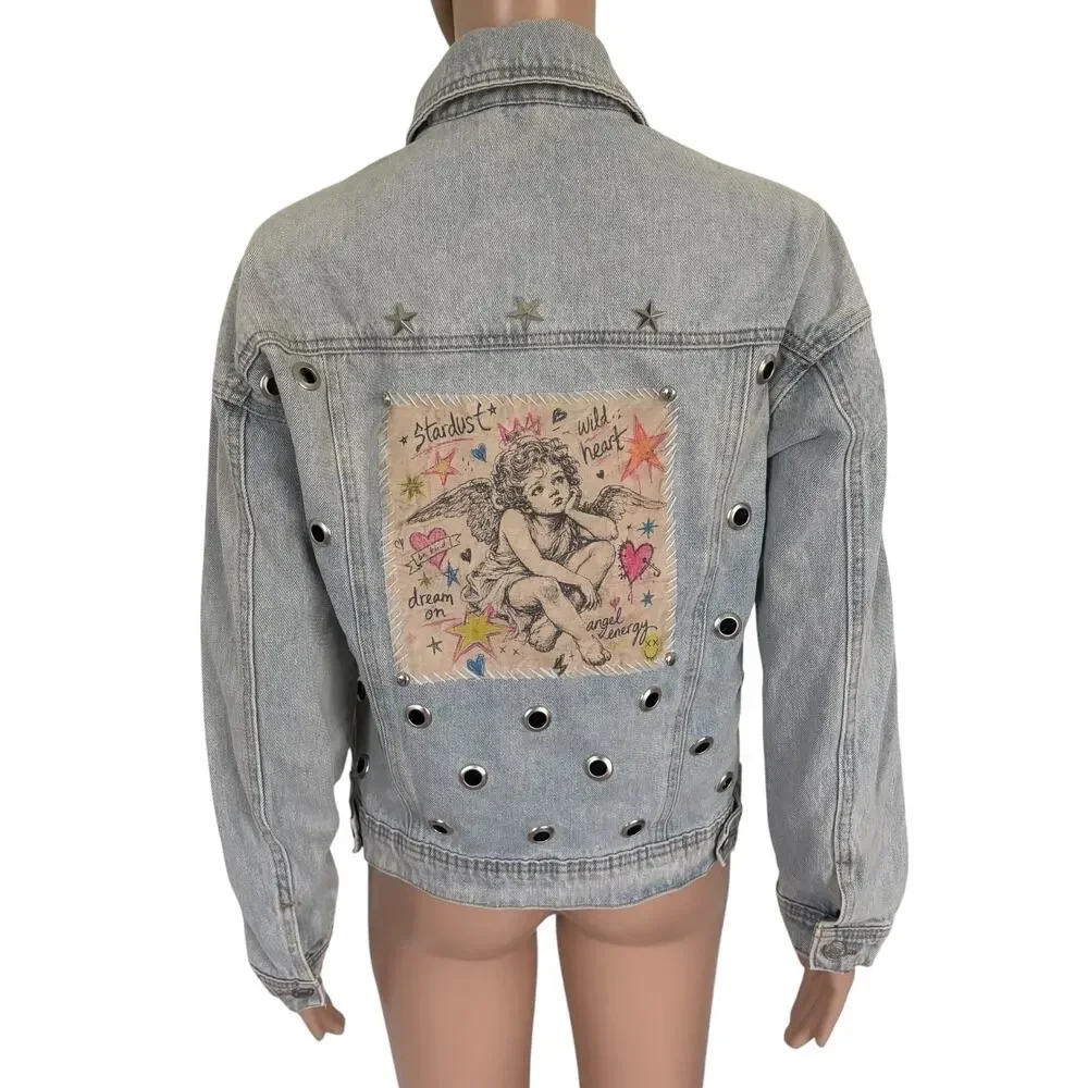 Upcycled Denim Jacket M Angel Cherub Grommet Stud Celestial Punk Boho Retro Blue - Picture 3 of 13